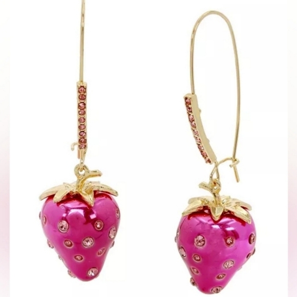 Betsey Johnson Jewelry - 🔹Betsey Johnson Gold Tone Metallic Fuchsia Strawberry Drop Earrings Crystal NWT